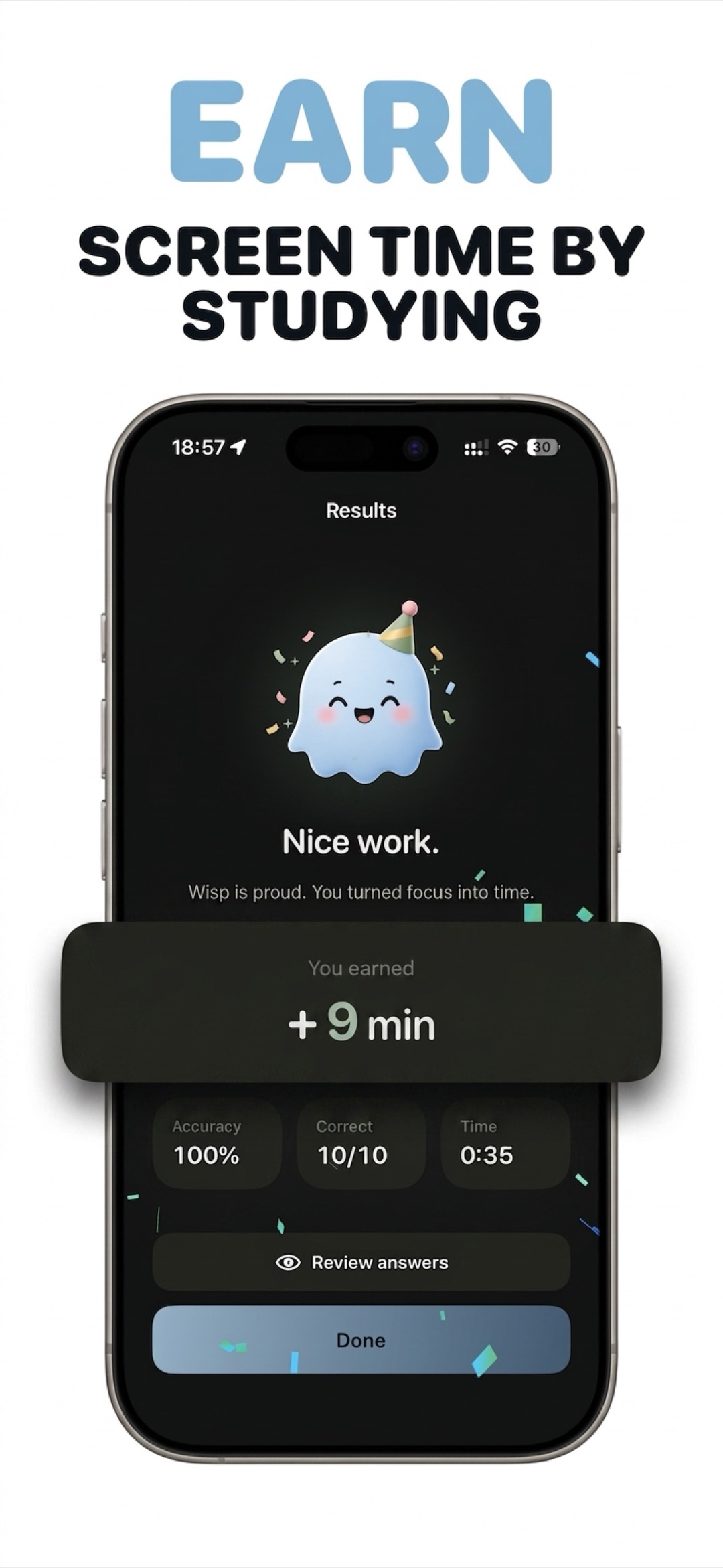 Earning screen time minutes by answering quiz questions correctly in Exam Master