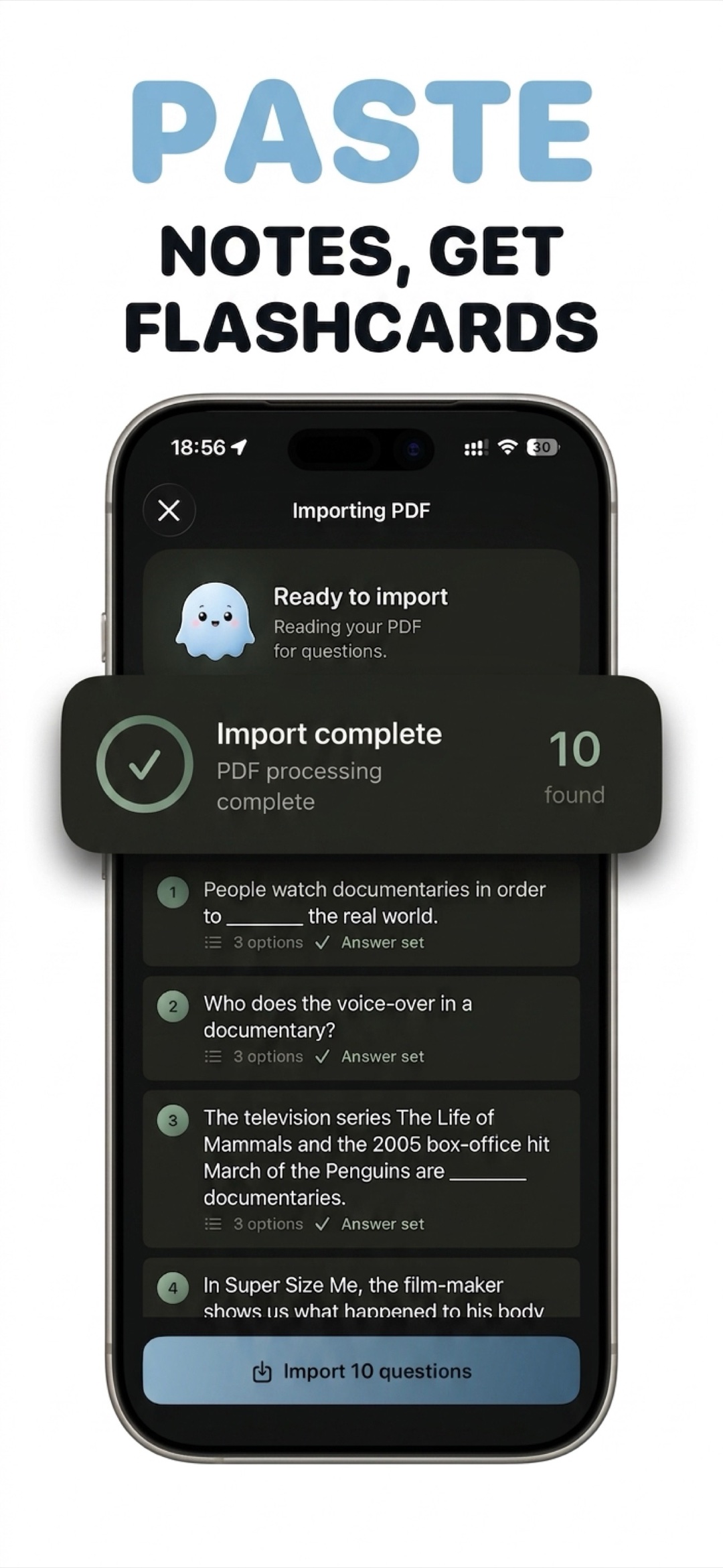 Pasting notes into Exam Master and getting generated flashcards instantly on iPhone