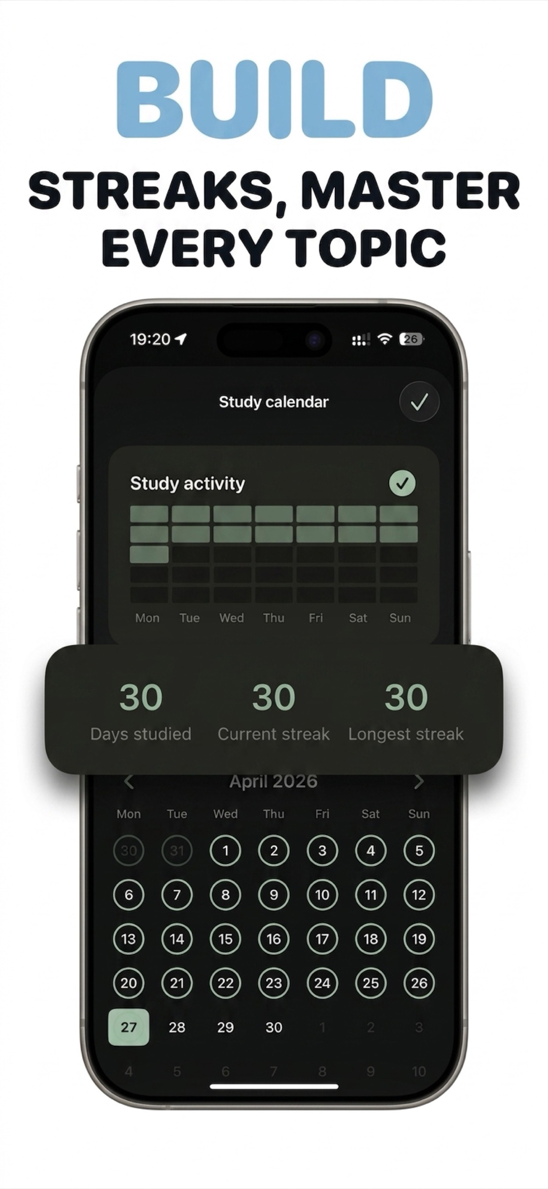 Exam Master progress dashboard with daily study streaks and mastery levels